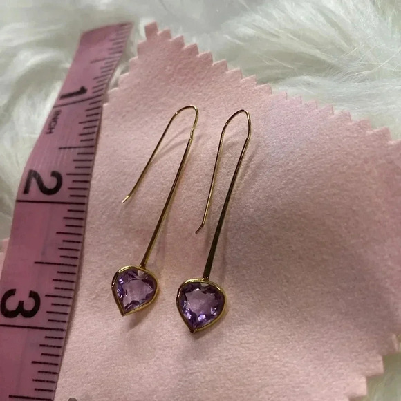 14K Yellow Gold Amethyst Drop earrings 1.5” dangle minimalist Luxe jewelry - Picture 7 of 14